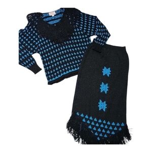 Vintage French Rags Hand Loomed Knit Sweater & Skirt Set Black Blue Fringe Size